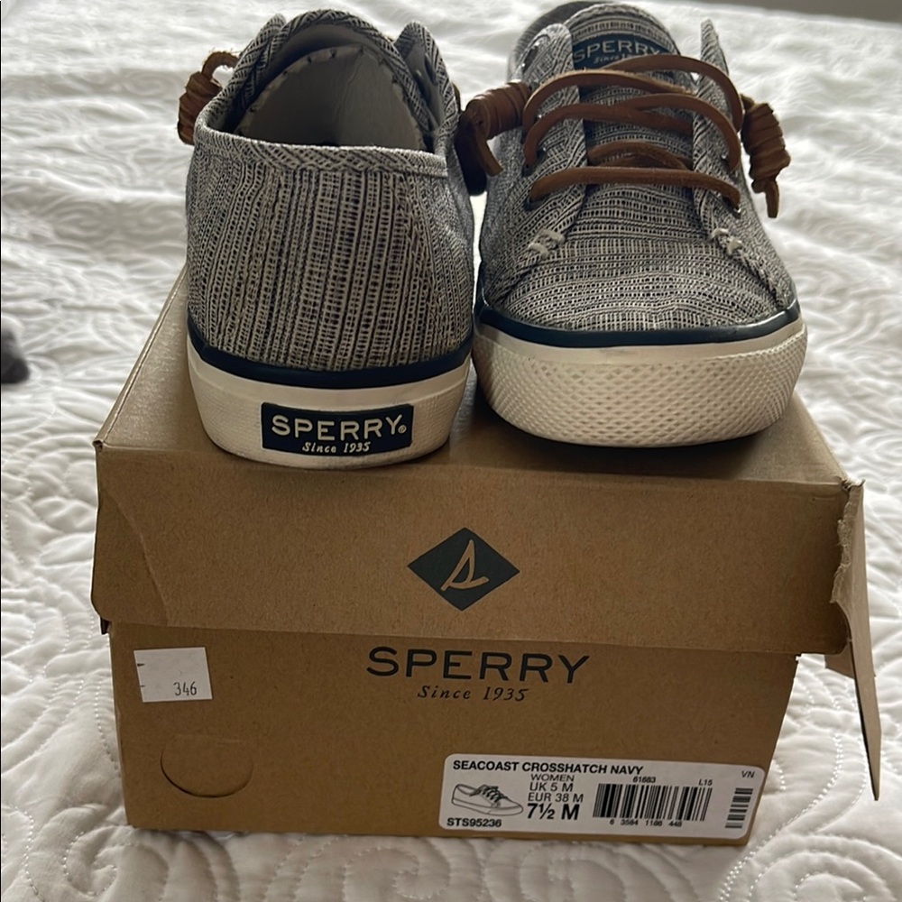 Sperry Navy Crosshatch Sneakers with Brown Laces